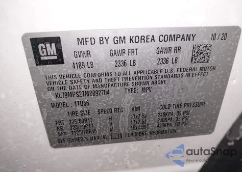 2021 Chevrolet Trailblazer Fwd Lt from USA, damaged, VIN KL79MPS27MB092704